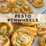 Pinterest pin with text 'Pesto Pinwheels', image of a pesto puff pastry pinwheel on a platter.
