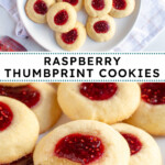 Pinterest pin with text overlay 'Raspberry Thumbprint Cookies', image of a plate of raspberry thumbprint cookies, the center one has a bite taken out.