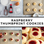 Pinterest pin with text overlay 'Raspberry Thumbprint Cookies', image of a plate of raspberry thumbprint cookies, the center one has a bite taken out.