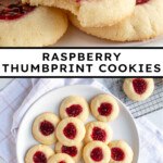 Pinterest pin with text overlay 'Raspberry Thumbprint Cookies', image of a plate of raspberry thumbprint cookies, the center one has a bite taken out.