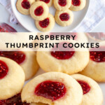 Pinterest pin with text overlay 'Raspberry Thumbprint Cookies', image of a plate of raspberry thumbprint cookies, the center one has a bite taken out.