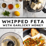 Pinterest pin with text overlay 'Whipped Feta with Garlicky Honey', image of a bowl with whipped feta dip and honey.