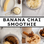 Pinterest pin with test overlay 'Banana Chai Smoothie', image of a glass filled with a light brown banana chai smoothie with garnishes.