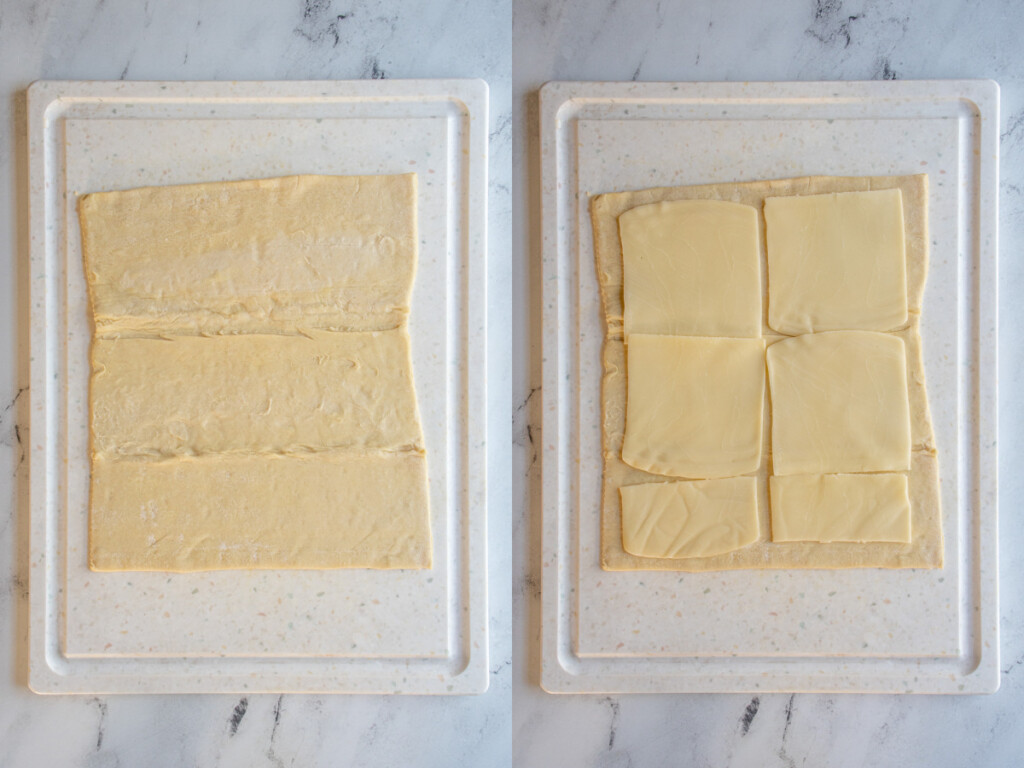 Steps for making pesto pinwheels showing puff pastry rolled out and cheese laid on top.