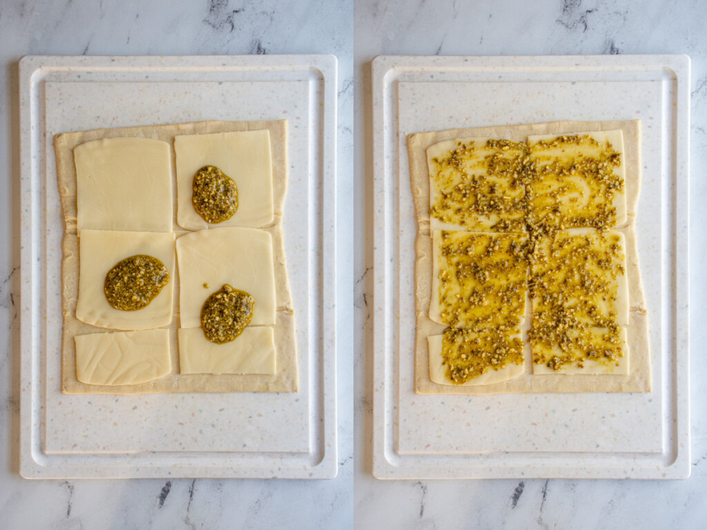 Steps for making pesto pinwheels showing pesto being spread on top of the cheese.