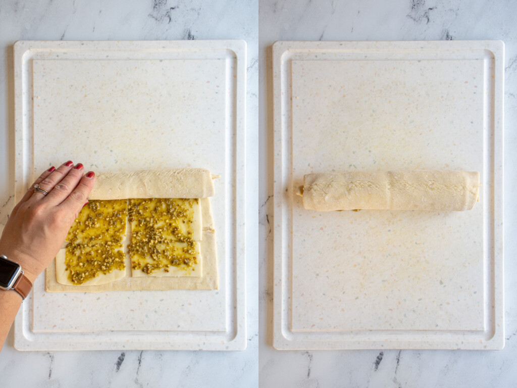 Steps for making pesto pinwheels showing the puff pastry being rolled int a log shape with everything in it.