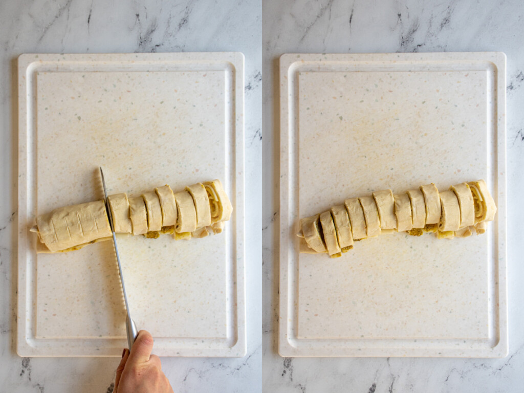 Steps for making pesto pinwheels showing slicing the pesto pinwheels into even sized pieces.