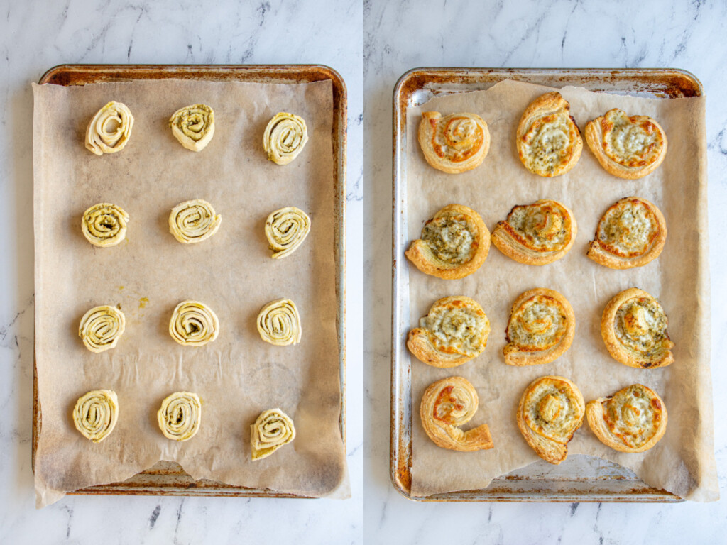 Steps for making pesto pinwheels showing before and after baking the pesto pinwheels in the oven on a baking sheet.