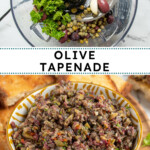 Pinterest Pin with text overlay 'Olive Tapenade', image of a yellow and white bowl filled with freshly made olive tapenade.