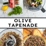Pinterest Pin with text overlay 'Olive Tapenade', image of a yellow and white bowl filled with freshly made olive tapenade.