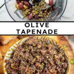 Pinterest Pin with text overlay 'Olive Tapenade', image of a yellow and white bowl filled with freshly made olive tapenade.