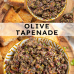 Pinterest Pin with text overlay 'Olive Tapenade', image of a yellow and white bowl filled with freshly made olive tapenade.
