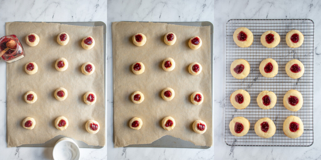 Overhead view showing jam being put into the center of the cookies and then what it looks like on a wire rack fresh out of the oven.