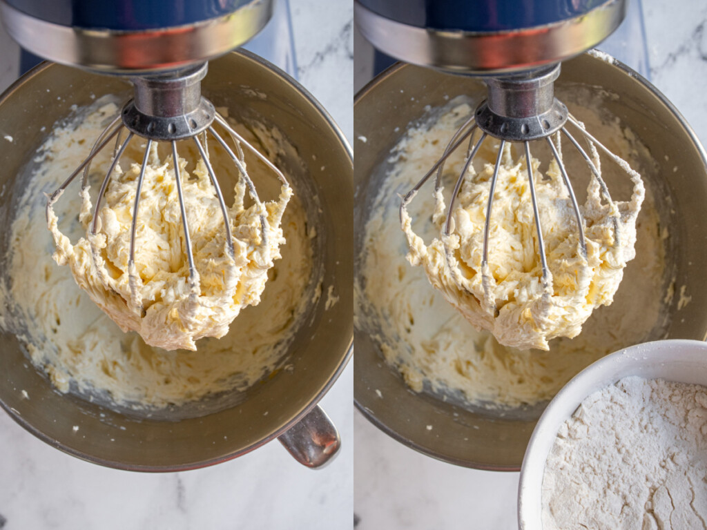 Collage showing the steps of adding the eggs and extracts, and then adding flour to the cookies.