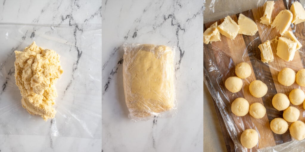 Collage showing the resting dough wrapped up and then divided into pieces to be rolled up.