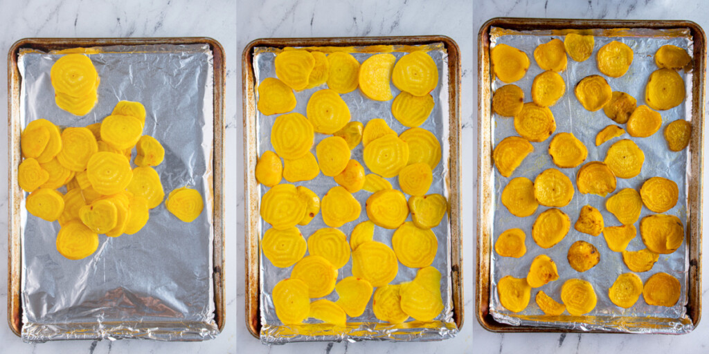 Sheet pan showing the process of roasting golden beets.