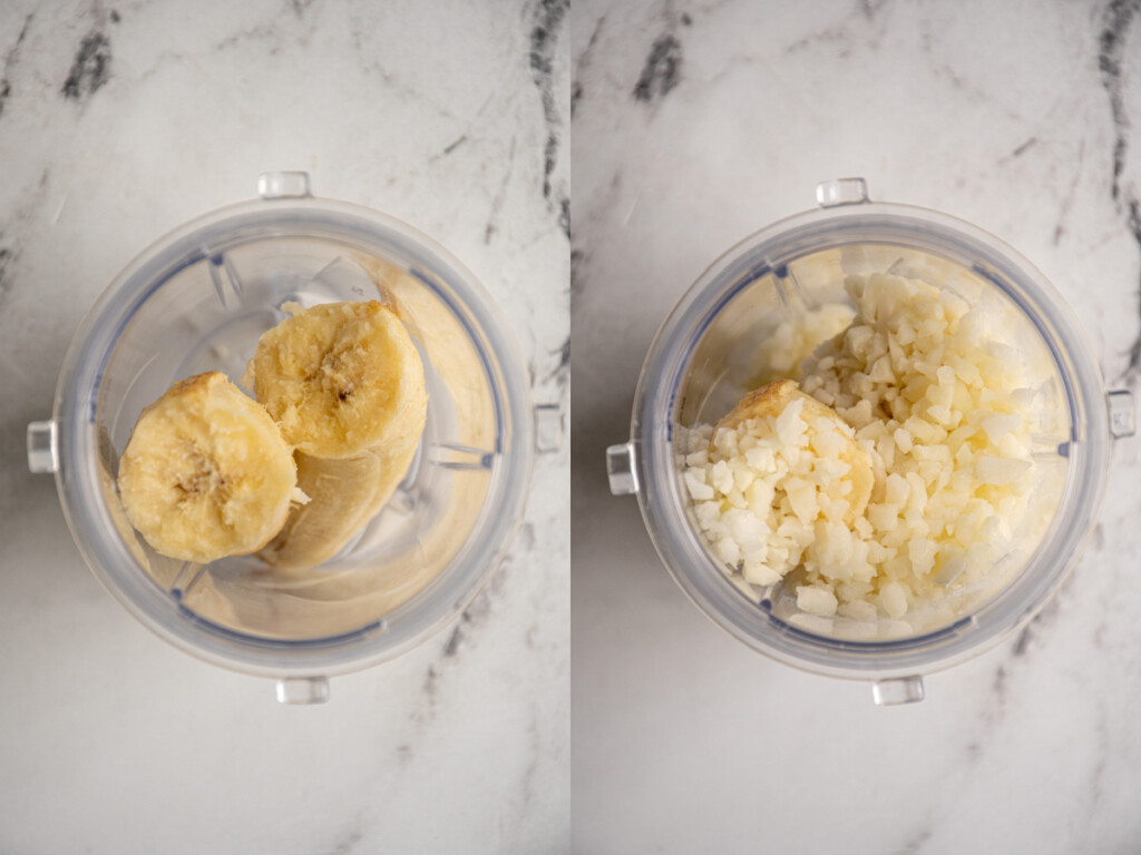 Steps 1 in making a banana chai smoothie, adding the banana and cauliflower.