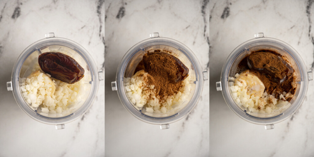 Steps 2 in making a banana chai smoothie, adding the dates, spices, and milk.