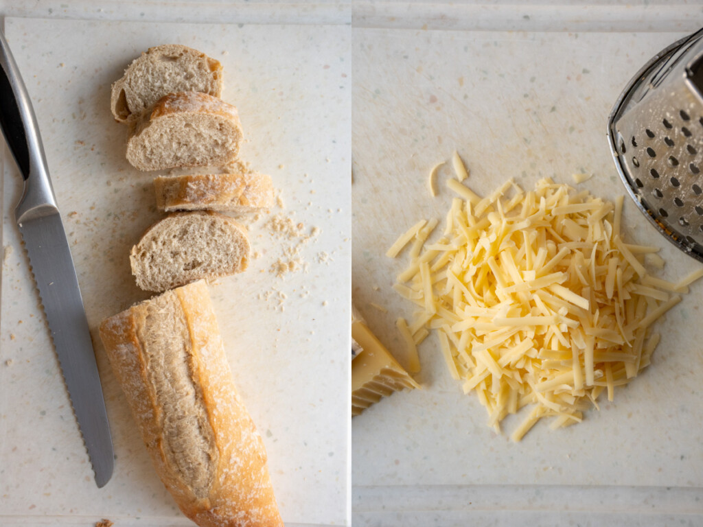 Slices of baguette and shredded cheese on a cutting board.
