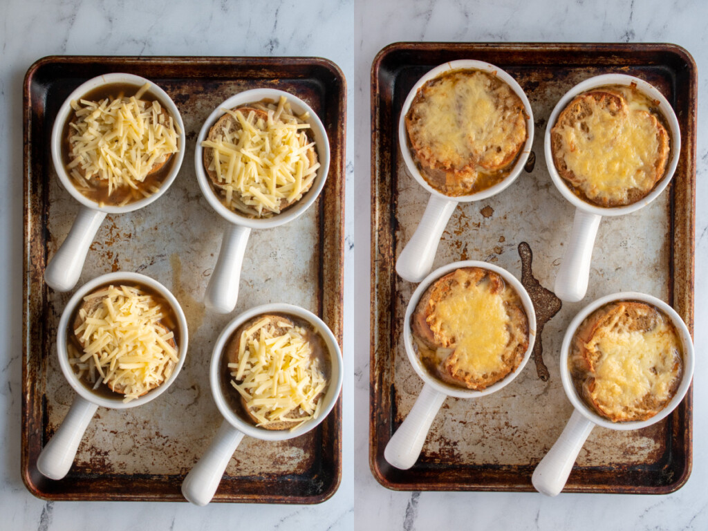 Sheet pan full of uncooked and cooked French onion soup bowls covered in cheese.