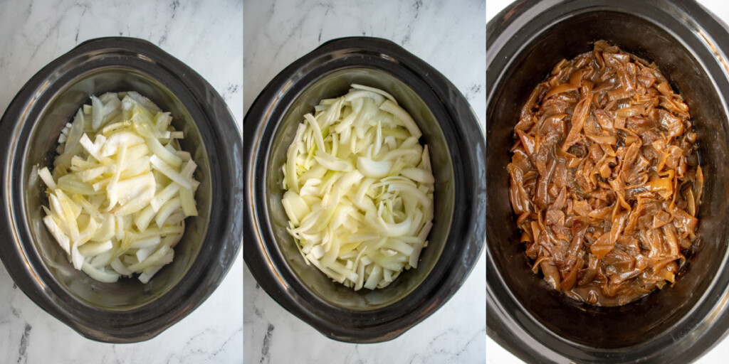 Collage showing the progress of making caramelized onions in the crockpot for French onion soup.