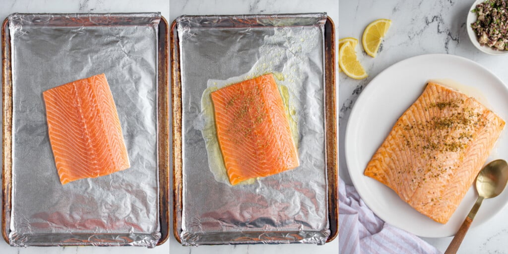 Collage showing the salmon on a sheet pan before cooking and then the salmon on a plate after cooking.