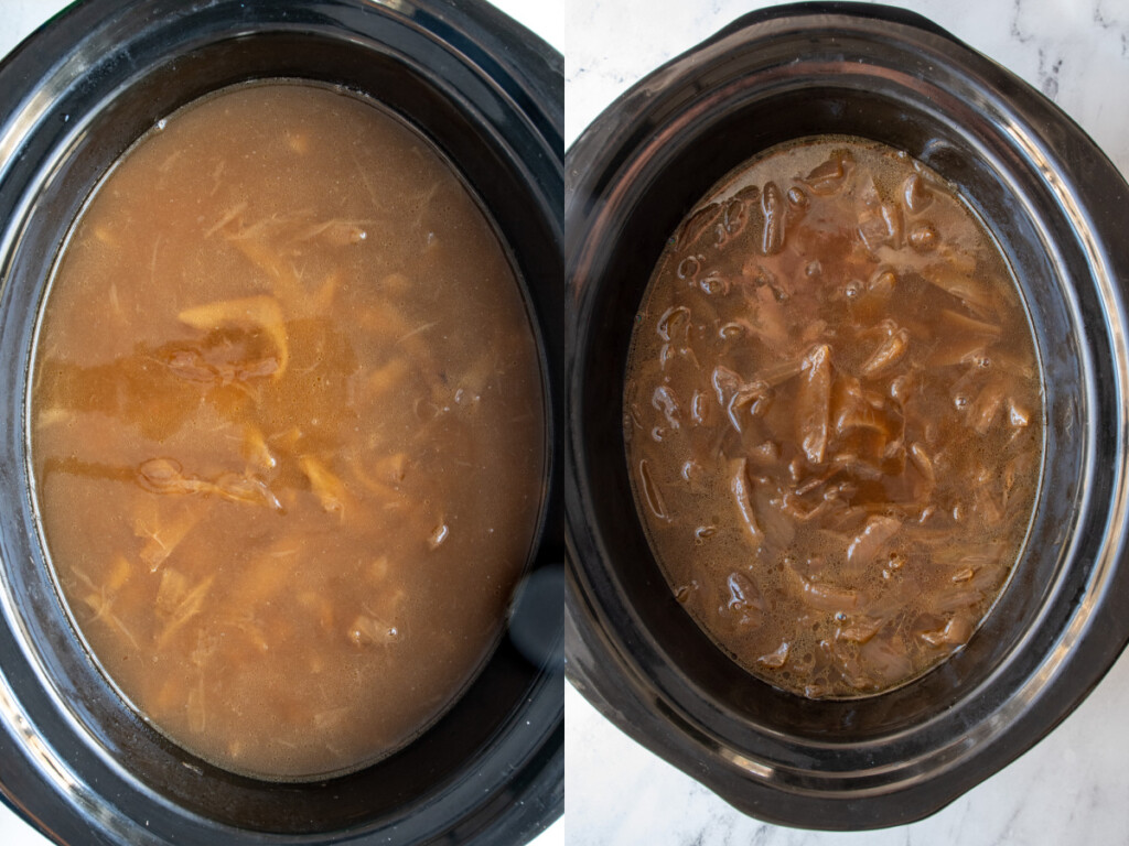 Before and after the French onion soup has simmered in the crockpot all day.