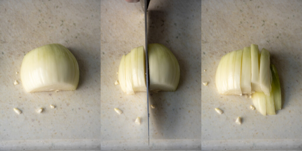 Collage showing how to cut an onion the right way to make caramelized onions by cutting with the lines of the onion.