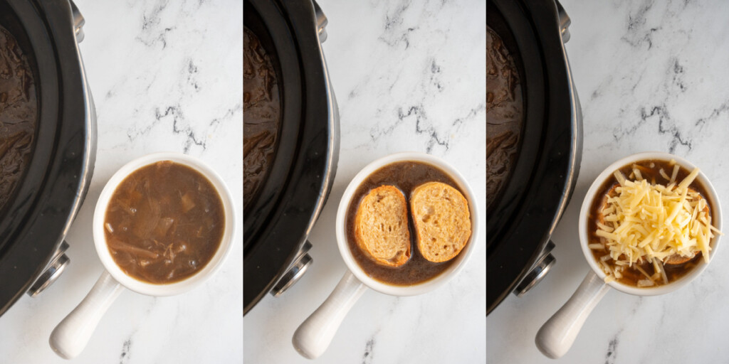 Collage showing French onion soup being out into bowls and the baguette and cheese being added on top.