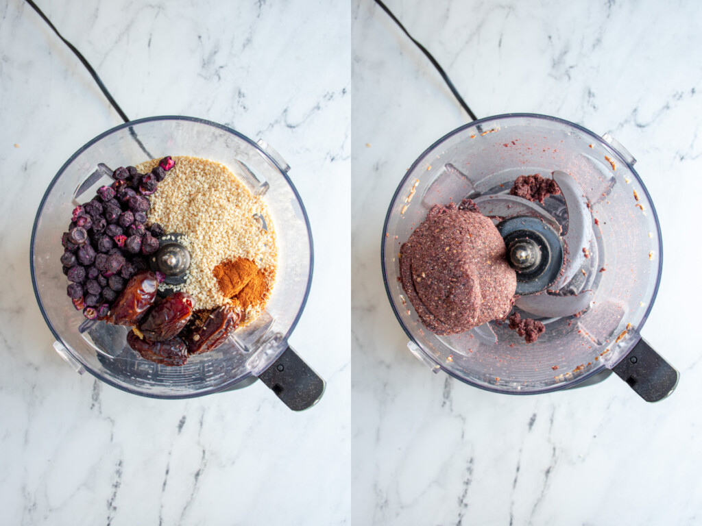Collage showing the ingredients in a food processor and everything blended together in a large clump.