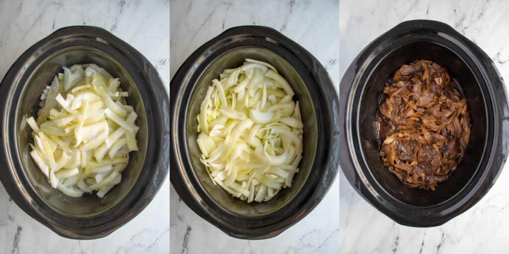 Collage showing the steps of adding the onions and other ingredients to the crockpot and then what it looks like after the caramelized onions cook for 14 hours.