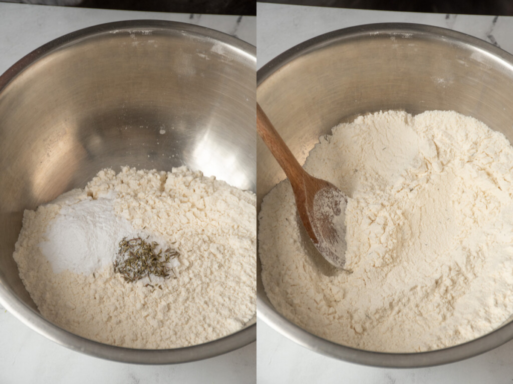 Bowl with flour, baking powder, salt, and thyme for making dumplings for on top of soup.