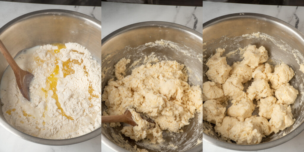 Butter and milk being added to the flour mixture and mixed together to make small dumplings for topping soup.