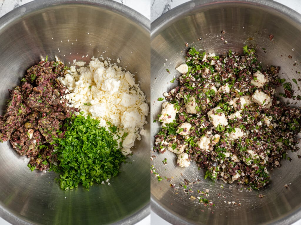 Collage showing a bowl with olive tapenade, feta cheese, and fresh parsley and then them all mixed together.