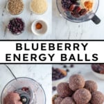 Pinterest Pin with text overlay "Blueberry Energy Balls", image of a bowl of purple blueberry energy balls.