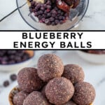 Pinterest Pin with text overlay "Blueberry Energy Balls", image of a bowl of purple blueberry energy balls.