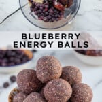 Pinterest Pin with text overlay "Blueberry Energy Balls", image of a bowl of purple blueberry energy balls.