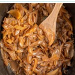 Pinterest pin with text overlay 'crockpot caramelized onions', image of a crockpot filled with caramelized onions.