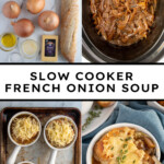 Pinterest pin with text overlay 'slow cooker French onion soup', image of a white bowl filled with French onion soup and topped with baguette and melted cheese.