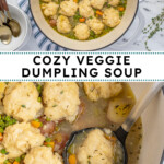 Pinterest pin with text overlay 'Cozy Veggie Dumpling Soup', image of a large pot filled with veggie dumpling soup.