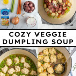 Pinterest pin with text overlay 'Cozy Veggie Dumpling Soup', image of a large pot filled with veggie dumpling soup.
