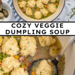 Pinterest pin with text overlay 'Cozy Veggie Dumpling Soup', image of a large pot filled with veggie dumpling soup.