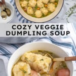 Pinterest pin with text overlay 'Cozy Veggie Dumpling Soup', image of a large pot filled with veggie dumpling soup.