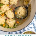 Pinterest pin with text overlay 'Cozy Veggie Dumpling Soup', image of a large pot filled with veggie dumpling soup.