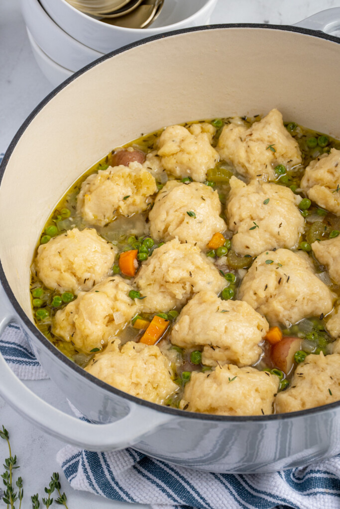 A large pot filled with vegetable soup topped with fluffy dumplings.