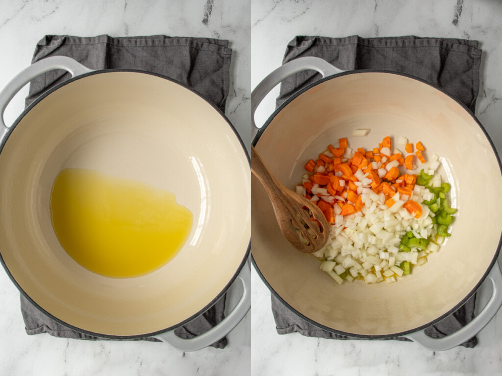 Steps of making the veggie dumpling soup showing adding olive oil and the mirepoix mixture.