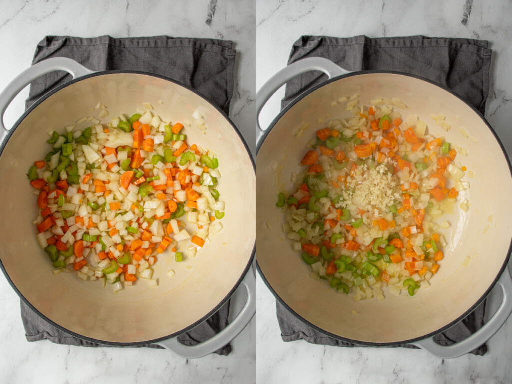 Steps of making the veggie dumpling soup showing sautéing the veggies and adding garlic.
