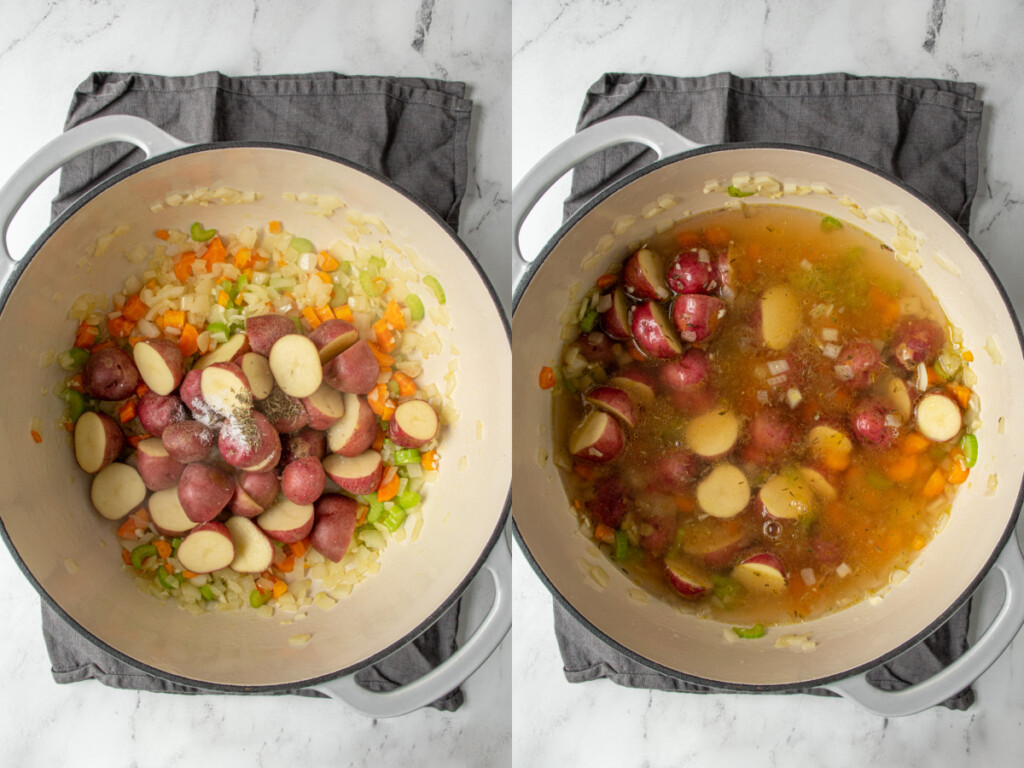 Steps of making the veggie dumpling soup showing adding potatoes to the pot with the seasoning and broth.