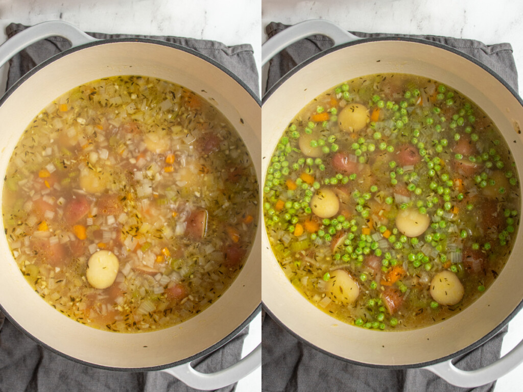 Steps of making the veggie dumpling soup showing after the soup has simmered and the frozen peas get added.