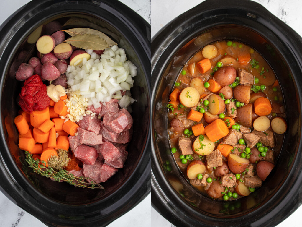 Before and after of the ingredients to make beef stew in the crockpot and after when it is all cooked.